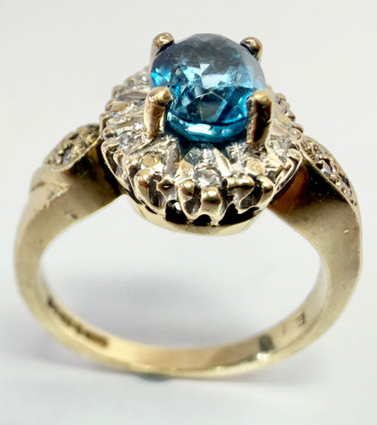 9ct yellow gold oval blue topaz & diamond cluster cocktail ring size L