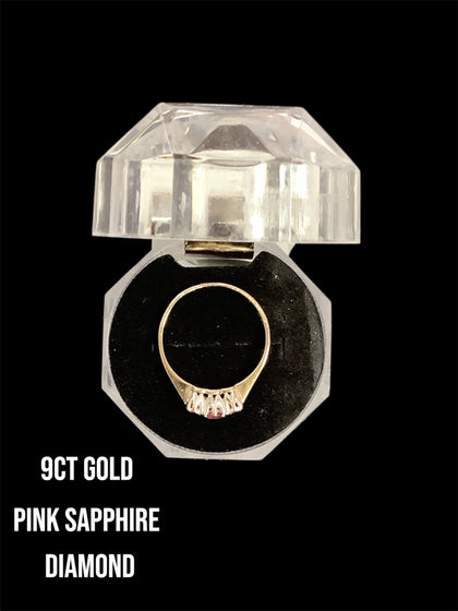 A Delightful Pink Sapphire & Diamond Three Stone Ring in 9ct Yellow Gold