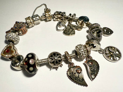 Pandora 8” Bracelet + 17 Charms with Safety Chain
