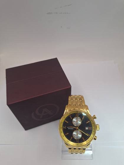 accurist 7403 chrono watch ,BRACELET STAINLESS STEEL , COMES IN ORIGINAL BOX , GOLD WITH BLACK DIAL.