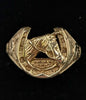 375 9CT HALLMARKED, YELLOW GOLD, HORSE SHOE AND HORSE DESIGN, SIZE:V, 4.5G, BOXED