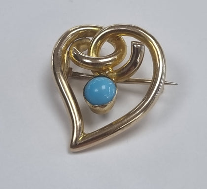 9CT Gold Witches Heart Brooch with Turqouise Stone
