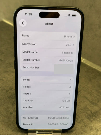 Apple iPhone 16 128GB Black BH 100% Cycle 172  Apple Warranty 15/09/26