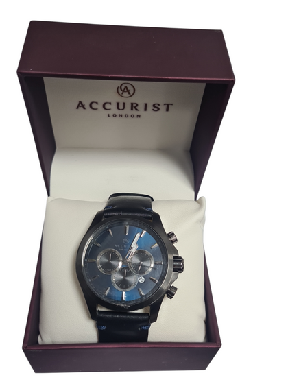 ACCURIST MENS WATCH (7180) WITH BLACK LEATHER STRAP AND BLUE DIAL, CHRONOGRAPH, QUARTZ, BOXED