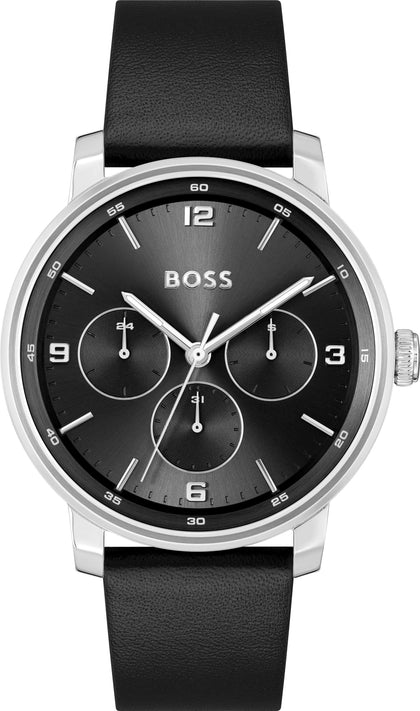 Boss Leather-Strap Watch with Black Dial Men