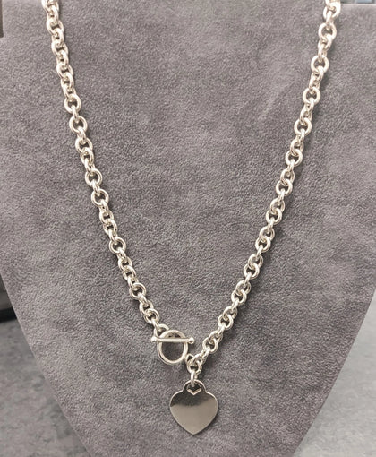 925 Sterling Silver Chunky Toggle Clasp & Heart Tag Necklace - 18