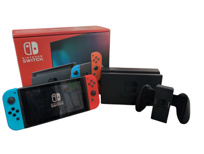 NINTENDO SWITCH CONSOLE 32GB, WITH NEON RED AND BLUE JOYCONS, BOXED