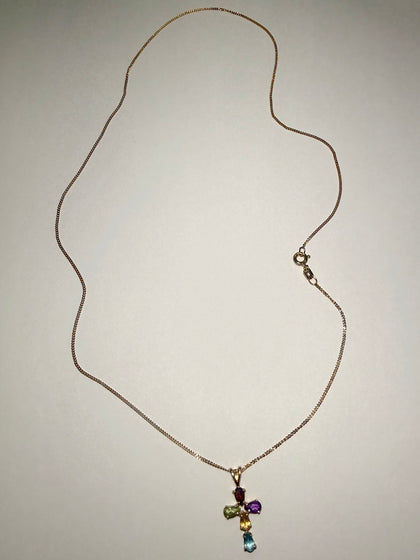 9CT Gold Chain and Cross Pendant with Multicoloured Stones 18”