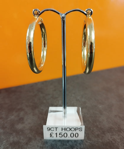9ct Yellow Gold Round Tube Plain Design Hoop Earrings - 36mm -