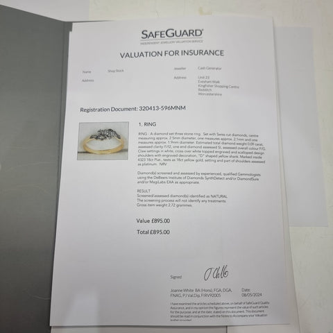 18ct Yellow Gold with 3 Diamonds Set In Platinum Trilogy Gold Ring - Size O