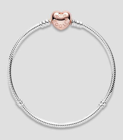 Pandora Rose Heart Clasp Bracelet and 3 rose gold charms- 18cm