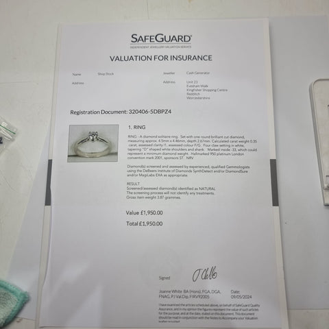 0.35ct Diamond Solitaire Platinum Ring - Size I - Assay Value £1950