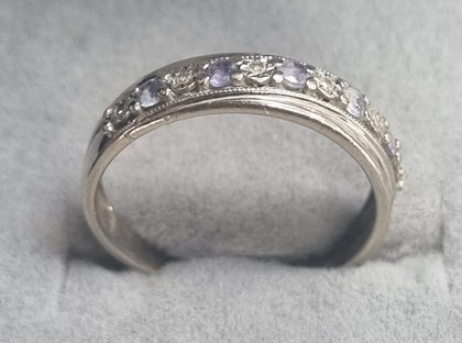 9ct White Gold Diamond Ring Purple Stones Size O