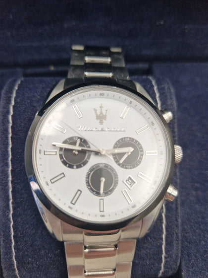 Maserati Attrazione mens white faced chronograph watch in original box with papers