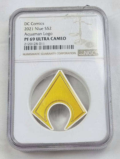 Niue 2 Dollars 2021 DC Comics Aquaman Logo Emblem 1 oz silver proof Graded NGC