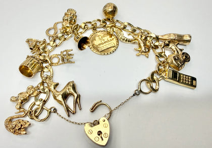 9ct yellow gold charm bracelet with safety chain
