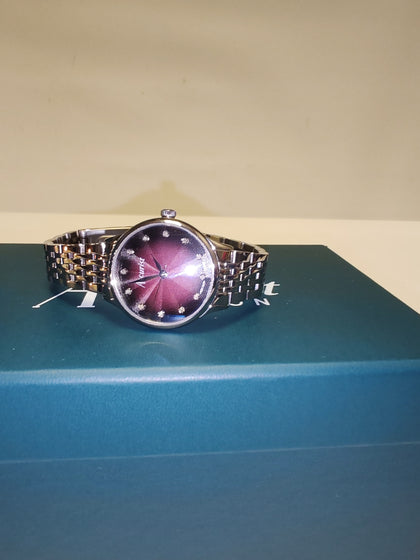 Accurist Dress Diamond Ladies Watch | Silver Stainless Steel Case & Bracelet with Burgundy Dial | 28mm