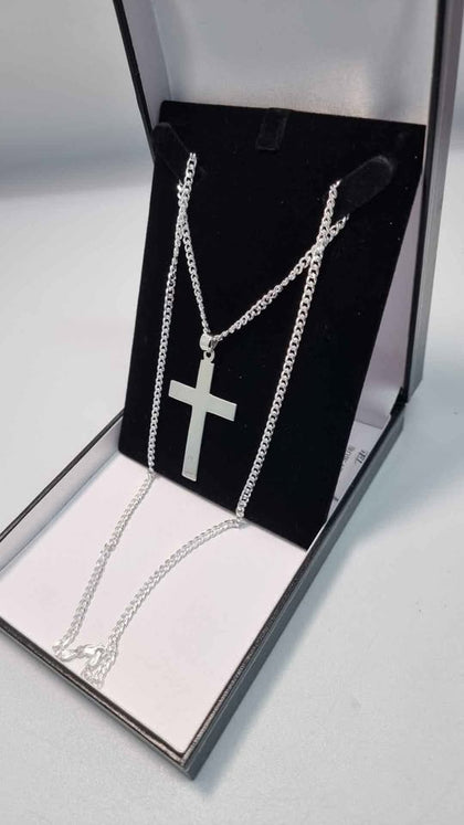 925 Sterling Silver Thin Curb Chain Necklace With Cross Pendant - 21.2 Grams - 24