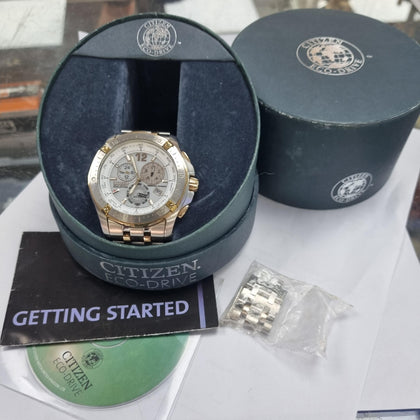 Citizen Men’s Eco drive P.Calendar Chrono Two Tone Bracelet Watch BL5376-55A