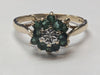 9CT GOLD RING WITH GREEN STONES/DIAMOND SIZE V PRESTON STORE