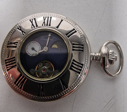 ** Countdown to Xmas ** Woodford Half hunter Sundial Mechanical movement Pocket Watch Chrome Boxed