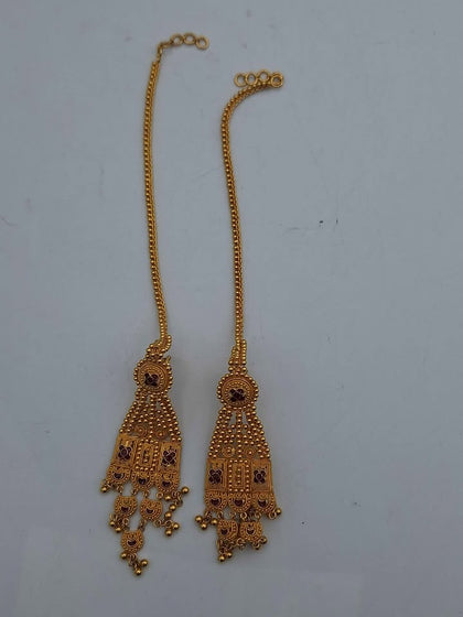 Pair Of Traditional 22ct Yellow Gold Kanchain Jhumka Dangle Earrings With Red Stones - 28.12 Grams