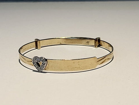 9T Yellow Gold Baby Bangle With Clear Stones Heart  - 3.20G - Hallmarked