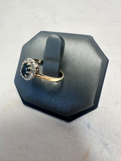 9ct Yellow Gold Dark Blue and Clear Gem Ring - Size N