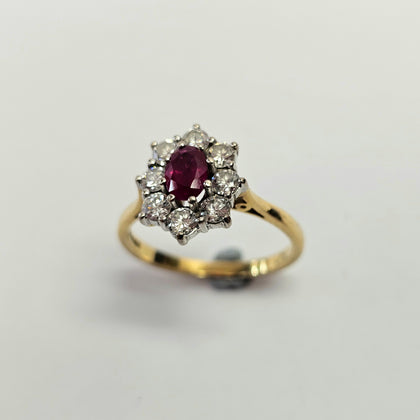 18ct Yellow Gold Ruby and Diamond Cluster Ring Size P