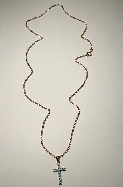 9ct Gold 20” Chain and Cross Pendant with Blue Stones