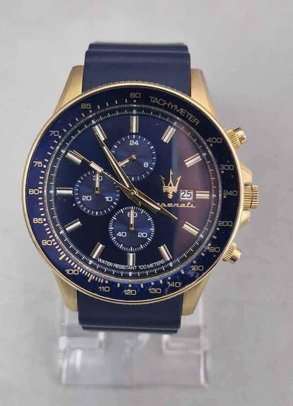 Maserati Sfida Men's Blue Chronograph Dial Blue Silicone Strap Watch boxed.