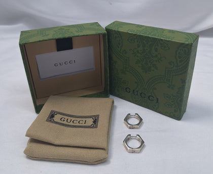 Gucci Sterling Silver Trademark Hoop Earrings with original pouch and box