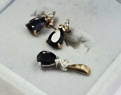 9ct Gold Diamond/Sapphire Earrings + Pendant