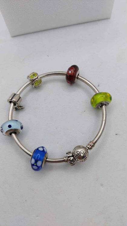 Pandora (ALE 925) Silver Bangle With 7x Charms - With Pandora Box.