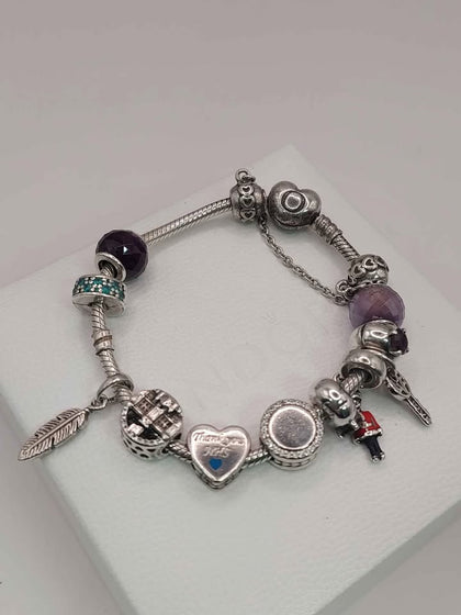 (925 ALE Hallmarked&Tested), Pandora Heart Clasp Bracelet, With Twelve Charms