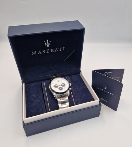 Maserati Attrazione mens white faced chronograph watch in original box with papers