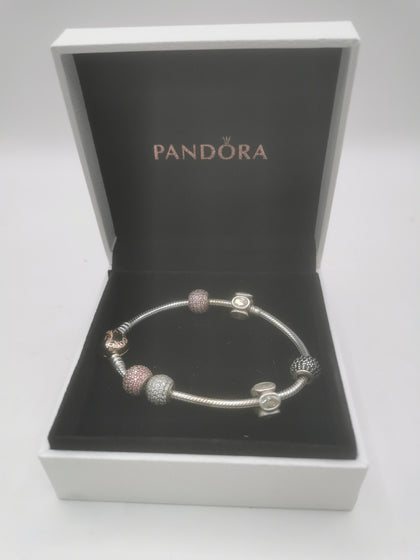 Pandora Bracelet with 6 charms and rose plated heart clasp Hallmarked(ALE) and Boxed