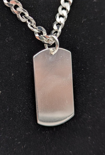 925 HALLMARKED SILVER, CURBED CHAIN WITH BLANK TAG PENDANT, 20