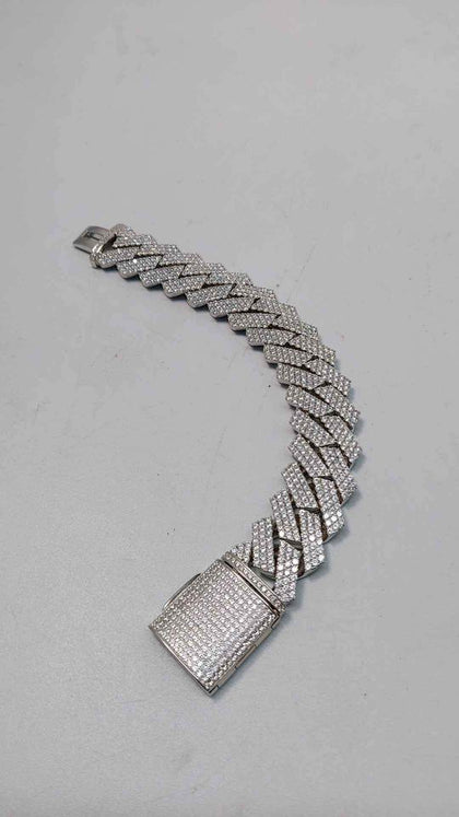 925 Sterling Silver Cuban Style CZ Encrusted Bracelet - 9