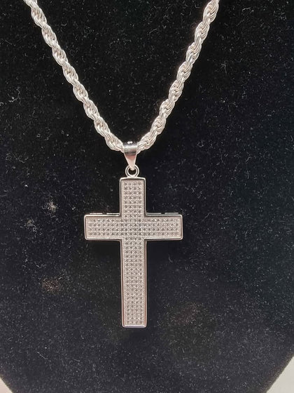 925 Sterling Silver Twist Rope Chain With Diamontè Cross - 24
