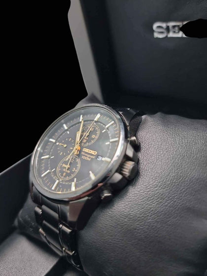 DX Seiko SNAF07 WR100M Quartz Chronograph Gents Watch - Black - Steel Bracelet - Boxed With Links