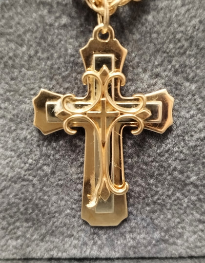 14ct Yellow Gold Double Curb Chain & Ornate Cross