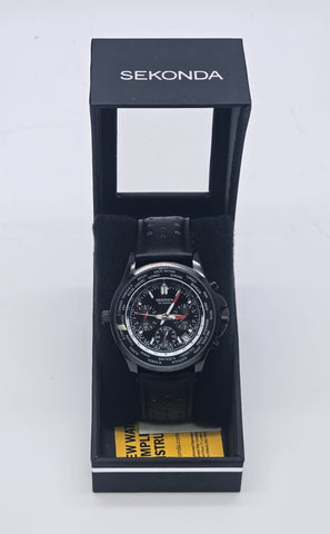 Sekonda Leather Strap Dual Time Black Watch 1864