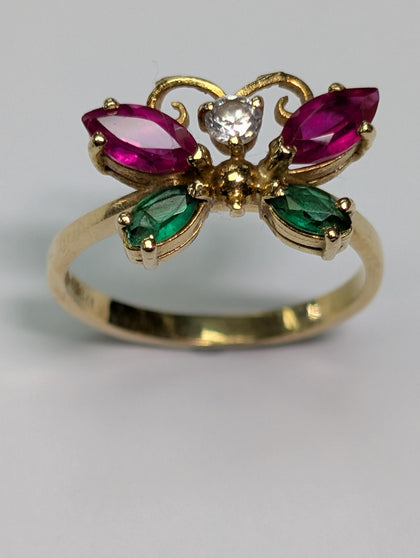 18ct Gold Red & Green Stone Butterfly Ring