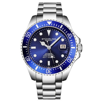 Stührling Original Pro Dive Watch Sports Watch with 42 MM Case Blue Dial Stainless Steel Silver