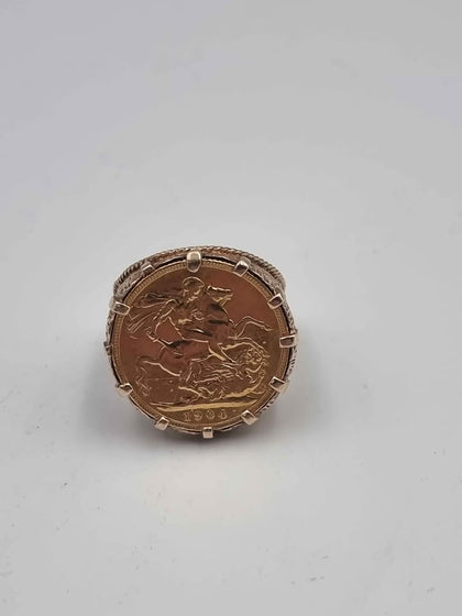 22ct Gold Full Sovereign (8 Gram) Coin Ring In 9ct Gold Surround (8.09 Grams) - Size U - 16.07 Grams