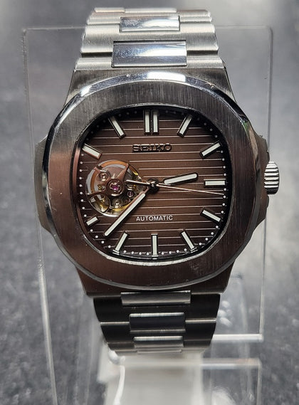 Seiko Nautilus Mod Silver (Open Heart) - Chocolate Brown. Automatic