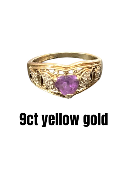 9ct Heart shaped ring set with Amethyst and diamond.