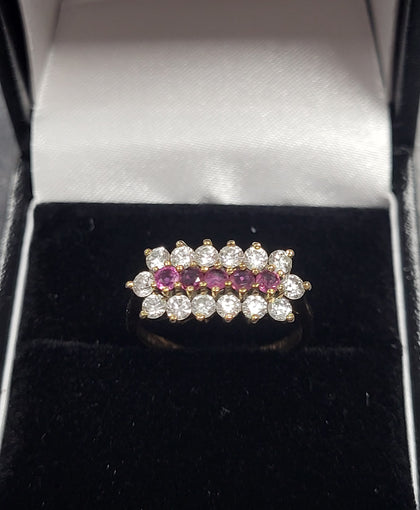9ct Yellow Gold Cluster Ring With Pink And Clear Stones - 2.3G - Size J. Hallmarked