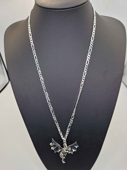 925 Sterling Silver 3 In 1 Figaro Chain Necklace With Dragon Pendant - 24